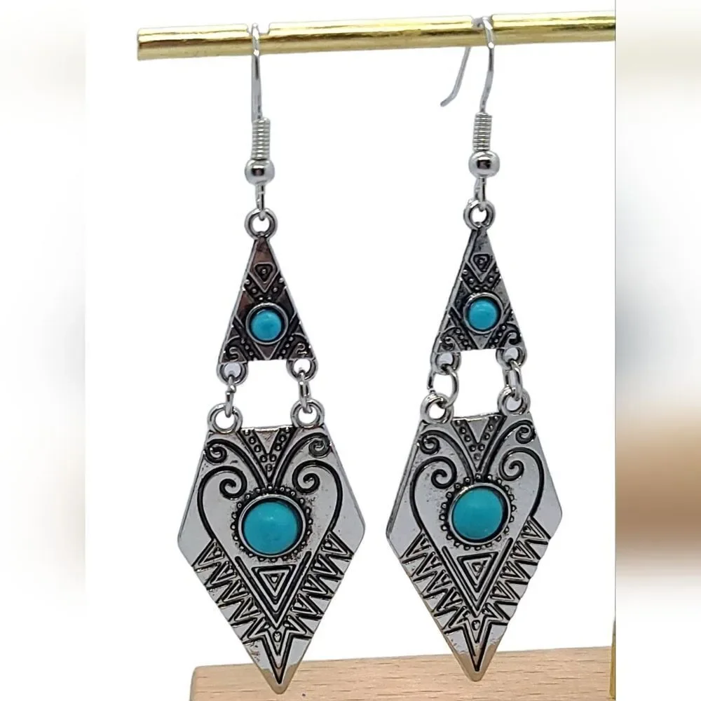 Turquoise Dangle Earrings Western Boho Tribal Silver Statement Drop Festival